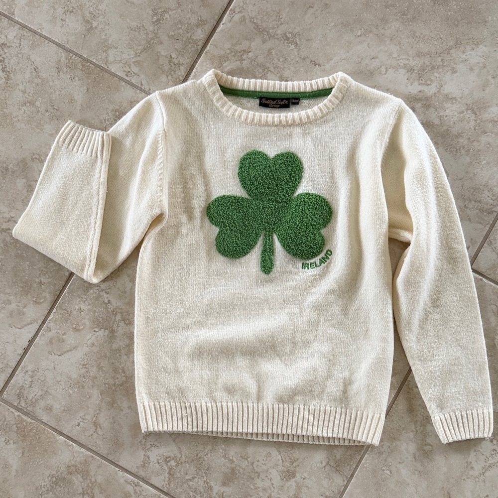 Cream Sweater with Green Shamrock